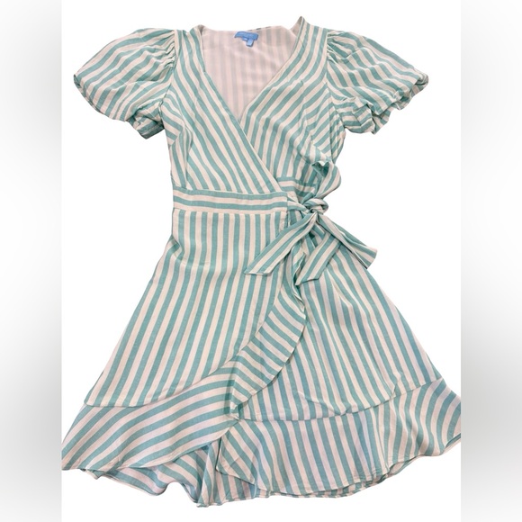 Draper James Puff Sleeve Wrap Dress in turquoise/white stripes size small - Picture 6 of 9
